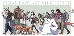 Rule 34 | 3girls, 6+boys, aerith gainsborough, arm cannon, arm tattoo, backpack, bag, barret wallace, cait sith (ff7), cid highwind, cloud strife, copyright name, crop top, decoponmagi, final fantasy, final fantasy vii, final fantasy vii rebirth, final fantasy vii remake, halberd, hardedge (sword), highres, miniskirt, moogle, multiple boys, multiple girls, over shoulder, polearm, red xiii, reeve tuesti, skirt, spiked hair, sword, tattoo, thighhighs, tifa lockhart, vincent valentine, walking, weapon, weapon on back, weapon over shoulder, yuffie kisaragi