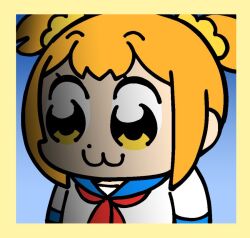 Rule 34 | 1girl, :3, bkub, blue background, chibi, close-up, closed mouth, dot nose, framed image, hair ornament, looking down, orange hair, poptepipic, popuko, raised eyebrows, school uniform, serafuku, shaded face, simple background, solo, twintails, yellow eyes