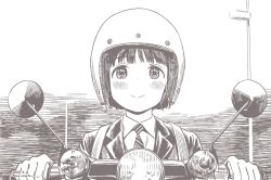 Rule 34 | 1girl, blush, brown theme, closed mouth, collared shirt, dated, dot nose, driving, helmet, horikou, jacket, koguma (super cub), monochrome, motor vehicle, motorcycle helmet, necktie, scooter, shirt, short hair, signature, smile, solo, super cub, upper body, wing collar