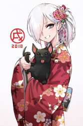 Rule 34 | 1girl, 2018, chinese zodiac, dog, floral print, grey eyes, hair ornament, hair over one eye, happy new year, highres, japanese clothes, kimono, long sleeves, new year, obi, one eye covered, oopartz yang, original, red kimono, sash, simple background, smile, solo, tongue, tongue out, upper body, white background, white hair, wide sleeves, year of the dog