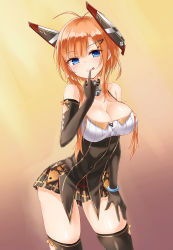 Rule 34 | 1girl, :p, antenna hair, azur lane, bare shoulders, bell, black gloves, black skirt, black thighhighs, blue eyes, blunt bangs, bracelet, breasts, buttons, cleavage, closed mouth, collar, collarbone, cowboy shot, elbow gloves, finger to mouth, foxhound (azur lane), foxhound (retrofit) (azur lane), gloves, gradient background, hair ornament, hairclip, hand on own thigh, head tilt, headgear, highres, jewelry, jingle bell, large breasts, leaning forward, miniskirt, multicolored background, osisio, plaid, plaid skirt, pleated skirt, short hair with long locks, sidelocks, skirt, smile, solo, standing, strapless, thighhighs, tongue, tongue out, tsurime
