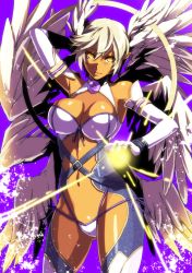 Rule 34 | 1girl, arm behind head, arm up, armpits, bad id, bad pixiv id, bare shoulders, breasts, closed mouth, contrapposto, cowboy shot, dark skin, dark-skinned female, elbow gloves, female focus, gloves, head wings, iwamoto eiri, large breasts, light, lilith (shinrabanshou), looking at viewer, looking to the side, midriff, multiple wings, panties, shinrabanshou, short hair, side-tie panties, slit pupils, smirk, solo, standing, underwear, white gloves, white hair, wings, yellow eyes