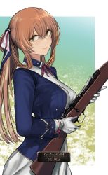 Rule 34 | 1girl, bolt action, character name, commentary, girls&#039; frontline, gloves, green eyes, gun, highres, kojima (blue stardust), light brown hair, long hair, long sleeves, looking at viewer, m1903 springfield, springfield (girls&#039; frontline), military, military uniform, neck ribbon, ponytail, red ribbon, ribbon, rifle, uniform, weapon, white gloves