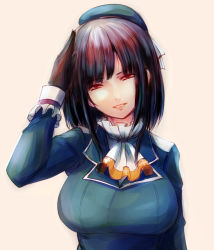 Rule 34 | 10s, 1girl, ascot, black gloves, black hair, breasts, dearmybrothers, female focus, gloves, hat, highres, kantai collection, large breasts, long sleeves, military, military uniform, red eyes, salute, solo, takao (kancolle), uniform, upper body
