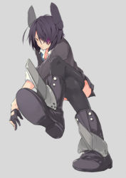 Rule 34 | 10s, 1girl, black footwear, boots, eyepatch, fingerless gloves, foreshortening, full body, gloves, kantai collection, crossed legs, looking at viewer, moonlaw, purple hair, short hair, simple background, sitting, skirt, sleeves rolled up, solo, tenryuu (kancolle), thighhighs, yellow eyes