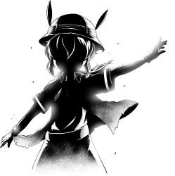 Rule 34 | 1girl, arm up, backlighting, facing viewer, floating hair, gloves, greyscale, hair between eyes, hat feather, helmet, high contrast, highres, kaban (kemono friends), kemono friends, long hair, monochrome, open clothes, open shirt, outstretched arms, pith helmet, ponytail, short sleeves, sidelocks, solo, spread arms, upper body, yamaguchi sapuri