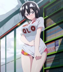 Rule 34 | 1girl, black hair, blood lad, blue eyes, blush, boxers, breasts, covering privates, covering chest, embarrassed, female focus, highres, large breasts, male underwear, screencap, shirt, short hair, solo, t-shirt, triangular headpiece, underwear, yanagi fuyumi