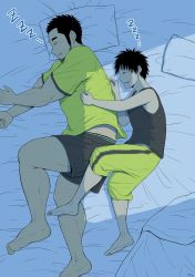 Rule 34 | ..., 04sora40, 2boys, age difference, bare shoulders, bed, bed sheet, bedroom, commentary request, facial hair, highres, holding, indoors, male focus, multiple boys, muscular, muscular male, onii-shota, original, pillow, saliva, saliva trail, shorts, yaoi, zzz