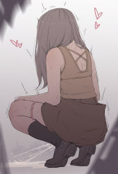 Rule 34 | 1girl, bare shoulders, black footwear, black socks, blurry, blurry foreground, brown hair, brown shirt, brown skirt, clothes lift, female focus, from behind, full body, gradient background, grass, grey background, heart, kokomachi, lifted by self, long hair, original, outdoors, panties, panty pull, pee, peeing, pink panties, puddle, shirt, shoes, simple background, sketch, skindentation, skirt, skirt lift, sleeveless, sleeveless shirt, socks, solo, squatting, sweat, trembling, underwear