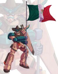 Rule 34 | adi (adivider), blue eyes, commentary, commission, english commentary, flag, full body, g gundam, gundam, hat, highres, holding, holding flag, legs apart, looking at viewer, mecha, mecha focus, mexican flag, no humans, pixiv commission, robot, science fiction, shoulder spikes, sombrero, spikes, standing, super robot, tequila gundam, v-fin, zoom layer