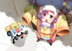 Rule 34 | 10s, 1girl, arms up, backpack, bag, braid, chestnut mouth, dragon nest, from above, furisuku, jewelry, necklace, purple hair, randoseru, red eyes, sleeves past wrists, solo, twin braids