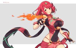 Rule 34 | 1girl, black gloves, breasts, chest jewel, covered navel, fingerless gloves, fire, gem, gloves, grey background, headpiece, highres, large breasts, looking at viewer, mochimochi (xseynao), pyra (xenoblade), red eyes, red hair, simple background, solo, twitter username, two-tone background, white background, xenoblade chronicles (series), xenoblade chronicles 2