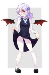 Rule 34 | 1girl, alternate costume, bat wings, black footwear, black panties, black skirt, black vest, black wings, blue ribbon, blush, brooch, clothes lift, embarrassed, fang, full body, gala king, grey background, hair between eyes, highres, jewelry, lace, lace-trimmed panties, lace trim, lifted by self, light purple hair, long sleeves, looking at viewer, neck ribbon, panties, panties under pantyhose, pantyhose, pointy ears, red eyes, remilia scarlet, ribbon, shirt, shoes, skirt, skirt lift, skirt set, solo, standing, touhou, two-tone background, underwear, vest, white background, white pantyhose, white shirt, wings