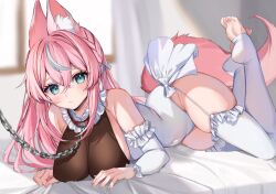 Rule 34 | 1girl, animal ear fluff, animal ears, aqua eyes, bare shoulders, braid, breasts, chain, cleavage, closed mouth, covered navel, detached sleeves, feet, fox ears, fox girl, fox tail, frilled sleeves, frilled thighhighs, frills, garter straps, large breasts, leash, legs up, leotard, long sleeves, lying, multicolored hair, on stomach, pink hair, side-tie leotard, skindentation, solo, streaked hair, tail, thighhighs, thighs, toeless legwear, toes, virtual youtuber, vyugen, white leotard, white thighhighs, yuniiho, yuniiho (vtuber)