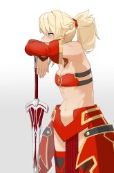 Rule 34 | 1girl, absurdres, armor, blonde hair, blue eyes, blush, breasts, buffy (risottosf), fate/apocrypha, fate/grand order, fate (series), highres, holding, holding weapon, mordred (fate), mordred (fate/apocrypha), navel, short hair, small breasts, sword, weapon