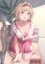 Rule 34 | 1girl, absurdres, adjusting clothes, bad id, bad pixiv id, bare legs, blonde hair, blush, breasts, brown eyes, chocolate, cleavage, collarbone, couch, djeeta (granblue fantasy), dress, artistic error, granblue fantasy, hairband, highres, indoors, kneeling, milli little, open mouth, pink dress, puffy short sleeves, puffy sleeves, red hairband, short hair, short sleeves, solo, twitter username, wrong foot