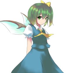 Rule 34 | 1girl, arms behind back, ascot, cowboy shot, daiyousei, fairy wings, green eyes, green hair, hair ribbon, head tilt, highres, looking at viewer, matching hair/eyes, orinpachu, puffy short sleeves, puffy sleeves, ribbon, short hair, short sleeves, side ponytail, simple background, skirt, skirt set, smile, solo, touhou, upper body, white background, wings