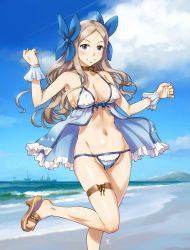 Rule 34 | 1girl, asakaze (kancolle), beach, blue bow, blue sky, blush, bow, breasts, brown footwear, closed mouth, day, destroyer, kantai collection, leg up, light brown hair, long hair, looking at viewer, medium breasts, military, military vehicle, ocean, sameha ikuya, sandals, ship, sky, smile, swimsuit, warship, watercraft, wavy hair