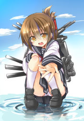 Rule 34 | 10s, 1girl, brown hair, cannon, cloud, day, dodome-iro mayonnaise, folded ponytail, hair between eyes, hair ornament, hair up, hairclip, hand on own knee, inazuma (kancolle), kantai collection, long hair, looking at viewer, open mouth, outstretched hand, panties, pantyshot, personification, school uniform, serafuku, sidelocks, sketch, skirt, socks, solo, squatting, standing, standing on liquid, underwear, upskirt, white panties, yellow eyes