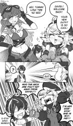 Rule 34 | 1boy, 2girls, ?, absurdres, ahoge, angry, arknights, black hair, blank speech bubble, blush, comic, english text, eyewear on head, gavial (arknights), gavial the invincible (arknights), goggles, highres, minimalist (arknights), multiple girls, nhim, one eye closed, open mouth, pointy ears, short hair, simple background, sparkle, speech bubble, spoken question mark, tagme, tomimi (arknights), white background