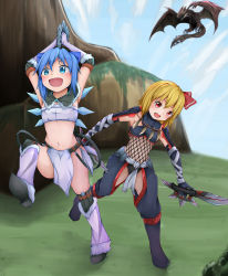 Rule 34 | :d, absurdres, alternate costume, armpits, arms up, belt, black panties, blonde hair, blue eyes, blue hair, blush, boots, breasts, capelet, cirno, cleavage, cowl, crotch cutout, dagger, dragon, dual wielding, elbow gloves, fang, fishnet top, fishnets, fur trim, gloves, hair ribbon, happy, highres, hip focus, holding, ice, ice wings, kirin (armor), knife, legs, loincloth, midriff, monster hunter (series), nargacuga (armor), navel, open mouth, overhead swing, panties, rathalos, red eyes, revealing clothes, ribbon, rumia, running, see-through, short hair, shou (ahiru shinobu), small breasts, smile, sword, thighs, touhou, underboob, underwear, weapon, wings