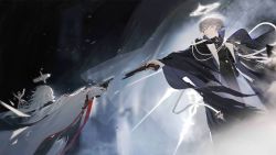 Rule 34 | andoain (arknights), antique firearm, arknights, artist request, beard, black robe, buttons, curtains, duel, facial hair, firearm, firelock, flintlock, glasses, grey hair, gun, halo, handgun, highres, holding, holding gun, holding weapon, long sleeves, looking at another, official art, parted lips, pointing, pointing at another, pointing gun, revolver, robe, short hair, torn clothes, weapon, white hair, white robe, yvangelista xi (arknights)