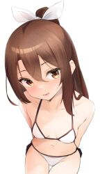 Rule 34 | 1girl, alternate costume, arms behind back, bikini, breasts, brown eyes, brown hair, collarbone, cowboy shot, female focus, from above, hair between eyes, head tilt, highres, kantai collection, legs together, long hair, looking at viewer, navel, ponytail, side-tie bikini bottom, sidelocks, simple background, sitting, small breasts, solo, swimsuit, tareme, thigh gap, white background, white bikini, zarashi, zuihou (kancolle)