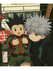 Rule 34 | 2boys, backpack, bag, blue eyes, border, child, facing viewer, gon freecss, green hair, green shorts, highres, hunter x hunter, killua zoldyck, long sleeves, looking back, male focus, multiple boys, open mouth, outdoors, qn ui3, shorts, spiked hair, translation request, white border, white hair