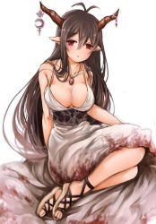 Rule 34 | 10s, 1girl, antenna hair, bad id, bad twitter id, black hair, blood, blood on clothes, bloody dress, breasts, cleavage, danua, draph, dress, fingerless gloves, gloves, granblue fantasy, hair between eyes, horn ornament, horns, jewelry, large breasts, long hair, necklace, pointy ears, red eyes, restaint, sandals, simple background, solo