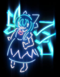 Rule 34 | 1girl, blue hair, bow, cirno, dress, fairy, female focus, full body, glowing, gradient background, groove summoners, hair bow, hands on own hips, no eyes, ribbon, short hair, simple background, smirk, solo, sparkle, touhou, wings