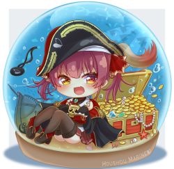 Rule 34 | 1girl, :d, black thighhighs, blush, brown eyes, bubble, character name, chibi, coin, commentary request, diamond (gemstone), eyepatch, unworn eyepatch, fang, full body, gem, gold coin, hat, highres, hololive, houshou marine, jewelry, looking at viewer, mihanada kanata, necklace, open mouth, pearl (gemstone), pearl necklace, pirate hat, red hair, shadow, shell, ship, sitting, skin fang, skull, sleeves past fingers, sleeves past wrists, smile, snow globe, solo, starfish, thighhighs, treasure chest, twintails, virtual youtuber, watercraft