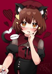 Rule 34 | 1girl, :3, absurdres, alternate costume, animal ear fluff, animal ear piercing, animal ears, black skirt, blush, breasts, brown eyes, brown hair, cat ears, cat tail, chen, commentary request, cowboy shot, double-parted bangs, earrings, fang, fingernails, gradient background, hand on own cheek, hand on own face, hand up, hat, heart, heart-shaped pupils, heart tail, highres, index finger raised, jewelry, jirai kei, looking at viewer, mob cap, multiple tails, nail polish, nekomata, pink background, pov, prk prsk, puffy short sleeves, puffy sleeves, red headwear, see-through, sharp fingernails, shirt tug, short hair, short sleeves, simple background, single earring, skirt, small breasts, solo focus, symbol-shaped pupils, tail, touhou, two tails