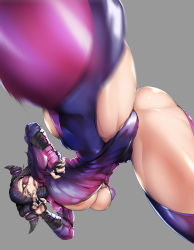 Rule 34 | 1girl, areola slip, arm guards, ass, black hair, blunt bangs, bodysuit, breasts, catsuit, cowboy shot, drill hair, eyepatch, fingerless gloves, gloves, hair ornament, han juri, ion (cation), kicking, large breasts, leotard, motion blur, multi-tied hair, one eye covered, pointy hair, purple bodysuit, purple eyes, sidelocks, simple background, smirk, solo, spread legs, street fighter, street fighter v, thong, toned, twin drills, upside-down