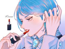 Rule 34 | 1girl, ace attorney, applying makeup, ascot, blue hair, earrings, franziska von karma, gem, grey eyes, highres, jewelry, lata (1 j y0), lipstick, long sleeves, makeup, mole, mole under eye, open mouth, portrait, short hair, simple background, smile, solo, sparkle, white background