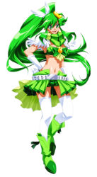 Rule 34 | 00s, 10s, 1girl, adapted costume, alternate costume, alternate eye color, alternate hair color, bandeau, boots, bow, bra, breasts, brooch, cure march, dress, full body, fusion, gloves, green bow, green bra, green dress, green eyes, green footwear, green hair, green scarf, green shorts, green skirt, green theme, hair ornament, hairpin, hand on own hip, heart, highres, hip focus, jewelry, long hair, matching hair/eyes, medium breasts, midriff, navel, ponytail, precure, ribbon, scarf, short shorts, shorts, shorts under skirt, skirt, smile, smile precure!, solo, striped clothes, striped scarf, tengen toppa gurren lagann, thighhighs, underwear, voice actor connection, white background, white gloves, white thighhighs, yoko littner, yukichi (hanatare)