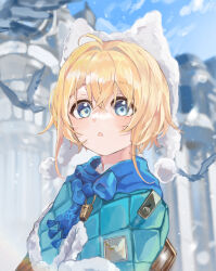 Rule 34 | 1girl, :o, absurdres, ahoge, argyle capelet, argyle clothes, blonde hair, blue capelet, blue eyes, blue scarf, blue sky, blush, capelet, day, fur-trimmed capelet, fur trim, hair between eyes, hasi (seunga1025), hat, highres, honkai: star rail, honkai (series), looking at viewer, lynx landau, outdoors, scarf, short hair, sky, solo, upper body, white hat, winter