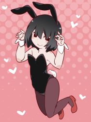 Rule 34 | 1girl, animal ears, arms up, black ears, black eyes, black leotard, black pantyhose, blush stickers, commentary, empty eyes, fake animal ears, hair over eyes, halftone, halftone background, hammer (sunset beach), heart, jumping, leotard, looking at viewer, monogatari (series), oshino ougi, oversized breast cup, pantyhose, pink background, playboy bunny, rabbit ears, rabbit girl, rabbit tail, red footwear, shoes, smile, solo, strapless, strapless leotard, tail, white tail, wrist cuffs