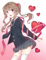 Rule 34 | 1girl, bad id, bad pixiv id, black jacket, black necktie, blush, character request, copyright request, fang, from side, hair between eyes, heart, highres, jacket, long sleeves, looking at viewer, necktie, red eyes, red ribbon, ribbon, school uniform, shirt, skirt, solo, twintails, urim (paintur), white shirt