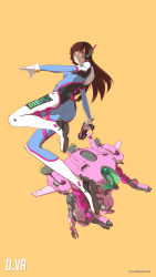 Rule 34 | 1girl, absurdres, armor, artist name, ass, bodysuit, boots, breasts, brown eyes, brown hair, cannon, character name, d.va (overwatch), facial mark, full body, gatling gun, gloves, gun, handgun, has bad revision, headphones, highres, holding, holding gun, holding weapon, long hair, looking at viewer, md5 mismatch, mecha, meka (overwatch), open mouth, overwatch, overwatch 1, pilot suit, resolution mismatch, robot, sanderson, simple background, smile, solo, source smaller, swept bangs, thigh boots, thighhighs, weapon, whisker markings, white footwear, white gloves, yellow background