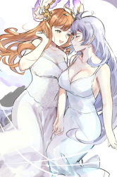 Rule 34 | 2girls, ahoge, bare shoulders, breasts, brown eyes, brown hair, cleavage, dress, earrings, closed eyes, female focus, granblue fantasy, hair ornament, holding hands, interlocked fingers, jewelry, large breasts, long hair, multiple girls, open mouth, saviala, silva (granblue fantasy), silver hair, smile, tweyen (granblue fantasy), wedding, wedding dress, white dress, wife and wife, yuri