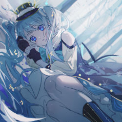 Rule 34 | 1girl, antlers, bare shoulders, black gloves, blue dress, blue eyes, blue hair, borrowed design, commentary, detached sleeves, dress, dutch angle, eighth note, gloves, glowing, half gloves, hat, hatsune miku, highres, hitokoto, horns, kneehighs, light blue hair, long hair, looking at viewer, lying, musical note, on side, parted lips, reindeer antlers, sleeveless, sleeveless dress, snow, snowflakes, socks, solo, treble clef, tree, twintails, very long hair, vocaloid, white sleeves, yuki miku, yuki miku (2021) (candidate no.4)