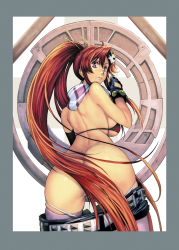 Rule 34 | 00s, 1girl, ass, back, bare shoulders, belt, bikini, bikini top only, bottomless, breasts, censored, clothes pull, convenient censoring, fingerless gloves, from behind, gloves, hair censor, hair ornament, highres, homare (fool&#039;s art), huge ass, large breasts, legs, long hair, looking back, panties, panty pull, pink thighhighs, ponytail, purple eyes, red hair, scarf, short shorts, shorts, shorts pull, sideboob, skull hair ornament, solo, standing, studded belt, swimsuit, tengen toppa gurren lagann, thighhighs, thighs, underboob, underwear, very long hair, white panties, yoko littner