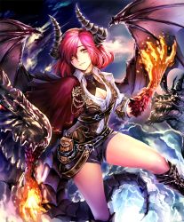 Rule 34 | 10s, 1girl, artist request, belt, boots, breasts, capelet, claws, cleavage, cloud, cygames, dragon, dragon girl, dragon horns, dragon tail, dragon wings, fire, hair over one eye, horns, jewelry, looking at viewer, medium breasts, mole, mole under eye, necklace, official art, pointy ears, pouch, red hair, scales, shadowverse, shingeki no bahamut, short hair, shorts, sky dragon ethica, smile, tail, wings, yellow eyes