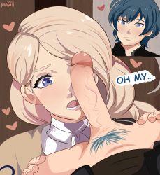 Rule 34 | 1boy, 1girl, absurdres, blonde hair, blue eyes, blue hair, blush, byleth (fire emblem), byleth (male) (fire emblem), capelet, cut-in, english text, fellatio, fire emblem, fire emblem: three houses, hand on another&#039;s hip, heart, hetero, highres, imminent fellatio, karbuitt, large penis, long hair, mercedes von martritz, nintendo, open mouth, oral, penis, penis on face, pov, pubic hair, uncensored