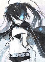 Rule 34 | 10s, 1girl, belt, bikini, bikini top only, black bikini, black hair, black rock shooter, black rock shooter (character), blue eyes, cape, chain, female focus, flat chest, glowing, glowing eyes, hand on own hip, hato rami, hip focus, long hair, midriff, monochrome, pale skin, short shorts, shorts, solo, spot color, strap slip, swimsuit, twintails, very long hair, vocaloid, wind