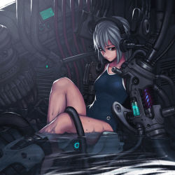 Rule 34 | 1girl, barefoot, black one-piece swimsuit, grey hair, iwai ryou, long hair, mechanical, one-piece swimsuit, original, partially submerged, red eyes, school swimsuit, soaking feet, solo, swimsuit, water