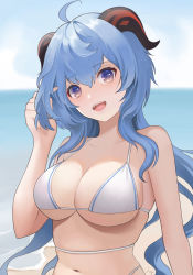 Rule 34 | 1girl, :d, absurdres, ahoge, bare arms, bare shoulders, bikini, blue hair, blue sky, breasts, cloud, commentary, day, ganyu (genshin impact), genshin impact, hair between eyes, hand up, head tilt, highres, horns, kouq98, large breasts, long hair, looking at viewer, navel, open mouth, outdoors, purple eyes, sky, smile, solo, stomach, swimsuit, upper body, very long hair, white bikini