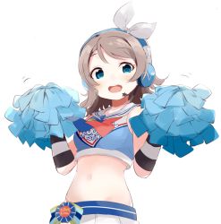 Rule 34 | 10s, 1girl, :d, blue eyes, blush, breasts, brown hair, cheerleader, crop top, hair ribbon, headset, looking at viewer, love live!, love live! school idol festival, love live! sunshine!!, midriff, navel, open mouth, pom pom (cheerleading), ribbon, short hair, simple background, skirt, sleeveless, smile, solo, totoki86, upper body, watanabe you, white background