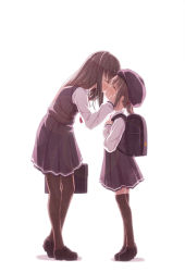 Rule 34 | 2girls, age difference, age progression, backpack, bag, blush, brown hair, closed eyes, female focus, flat chest, full body, hand on another&#039;s cheek, hand on another&#039;s face, hat, height difference, kago no tori, kiss, leaning forward, lens flare, long hair, multiple girls, onee-loli, original, pantyhose, school uniform, simple background, skirt, thighhighs, tiptoes, twintails, white background, yuri, zettai ryouiki