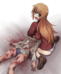 Rule 34 | 2girls, ass, blood, blue eyes, blue stripes, blush, breasts, btw mikami, charlotte e. yeager, corpse, crying, death, female focus, francesca lucchini, guro, large breasts, long hair, looking at viewer, looking back, military, military uniform, multiple girls, open mouth, orange hair, panties, sitting, small breasts, strike witches, striped clothes, striped panties, tears, torn clothes, underwear, uniform, wariza, white panties, white stripes, world witches series